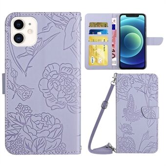 PU Leather Phone Shell for iPhone 12 mini 5.4 inch Butterfly Flowers Imprinting Protective Case Scratch Resistant Stand Wallet Case with Shoulder Strap