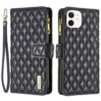 BINFEN COLOR BF Style-15 for iPhone 12 mini 5,4 tommers glidelåslomme preget Rhombus Matt PU-skinn telefonveske med Stand