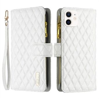 BINFEN COLOR BF Style-15 for iPhone 12 mini 5,4 tommers glidelåslomme preget Rhombus Matt PU-skinn telefonveske med Stand