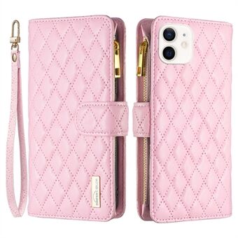 BINFEN COLOR BF Style-15 for iPhone 12 mini 5,4 tommers glidelåslomme preget Rhombus Matt PU-skinn telefonveske med Stand