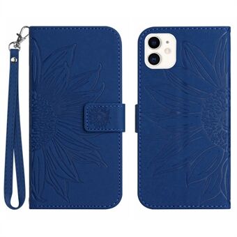 For iPhone 12 mini 5,4 tommer HT04 påtrykt solsikketelefon Støtsikker veske Skin-Touch PU-skinn sammenleggbart Stand lommebokdeksel med håndstropp