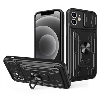 Ring Kickstand Design PC + TPU-telefondeksel med kamera-skyvedeksel og avtakbar kortholder for iPhone 12 6,1 tommer