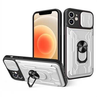 Ring Kickstand Design PC + TPU-telefondeksel med kamera-skyvedeksel og avtakbar kortholder for iPhone 12 6,1 tommer