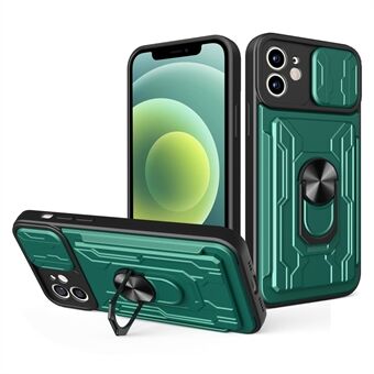 Ring Kickstand Design PC + TPU-telefondeksel med kamera-skyvedeksel og avtakbar kortholder for iPhone 12 6,1 tommer