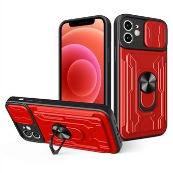 Ring Kickstand Design PC + TPU-telefondeksel med kamera-skyvedeksel og avtakbar kortholder for iPhone 12 6,1 tommer