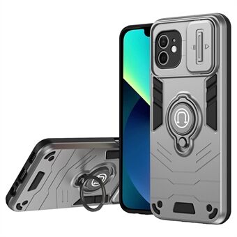 For iPhone 12 Case PC+TPU Telefonbeskytter med stativ og skyve-objektivdeksel