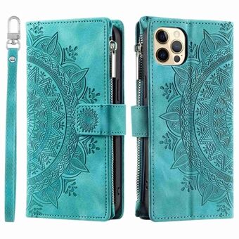 For iPhone 12 6.1 tommer / 12 Pro 6.1 Anti- Scratch Glidelås Lomme Lommedeksel Stand Mandala Flower Preget PU-skinn telefonveske med flere kortspor og stropp