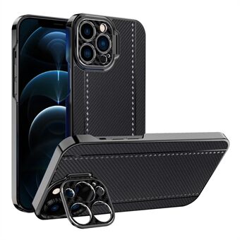 Stativdesign Kevlar- og karbonfibertekstur galvaniseringsramme Stilig PU-skinnbelagt PC-deksel for iPhone 12 Pro 6,1 tommer