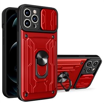 Multifunksjonell PC + TPU telefonveske Kickstand Kortholder Beskyttende deksel med skyvekamerabeskytter for iPhone 12 Pro 6,1 tommer