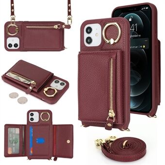 For iPhone 12 / 12 Pro Etui Kortholder Ringholder Litchi Lærstruktur + TPU Telefondeksel med Lang Stropp