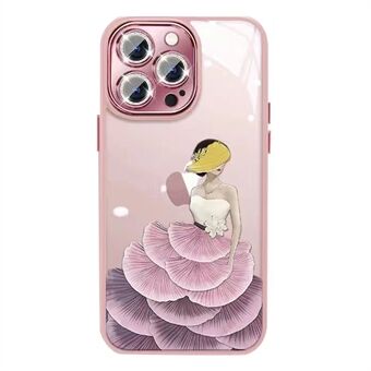 For iPhone 12 Pro Beauty Pattern Telefondeksel TPU-ramme Bakdeksel i herdet glass med glitterlinsebeskytter