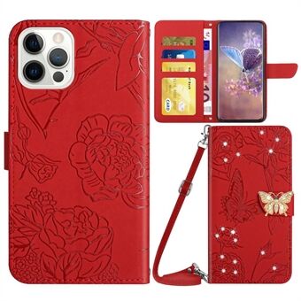 For iPhone 12 Pro Max 6,7 tommer sommerfuglblomster påtrykte rhinestone-dekor Telefondeksel Lommebok Horisontalt Stand Lærveske med skulderstropp