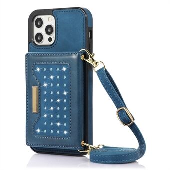 For iPhone 12 Pro Max 6,7 tommer rhinestone-dekor skinnbelagt TPU-kickstand-veske RFID-blokkerende telefonlommebokdeksel med skulderstropp