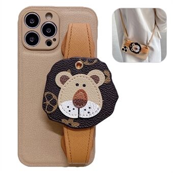 For iPhone 12 Pro Max 6,7 tommer tegneserieløve-armbånd bakdeksel Scratch PU-skinnbelagt TPU-skall med skulderstropp