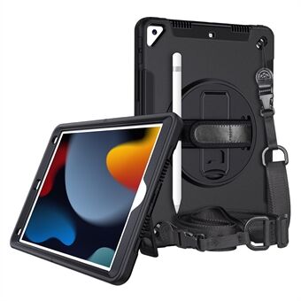 Kickstand Anti-Drop Silikon Hard PC Godt beskyttet hybriddeksel med roterbar håndstropp Blyantholder Skulderstropp for iPad 10.2 (2019) / (2020) / (2021)