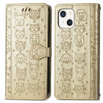 Imprint Cat Dog Pattern Design PU-skinndeksel Støvtett skall for iPhone 13 6,1 tommer