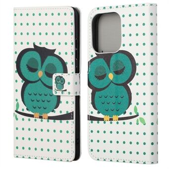 Helkroppsbeskyttende mønsterutskrift PU-skinnlommebok Magnetisk lukker Støtsikkert Stand Funksjon Flip Folio Cover Deksel for iPhone 13 - Green Owl