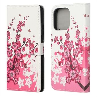 Helkroppsbeskyttende mønsterutskrift PU-skinnlommebok Magnetisk lukker Støtsikkert Stand Funksjon Flip Folio Cover Deksel for iPhone 13 -  Plum Blossom