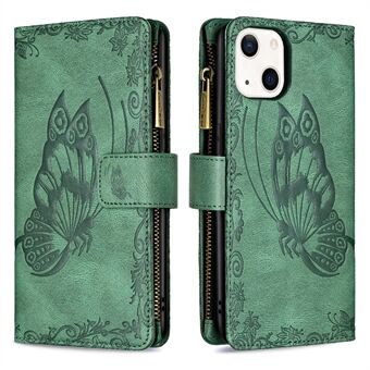 Påtrykt Butterfly Anti-Drop stilig lommebokdesign med glidelås-telefonveske med Stand for iPhone 13 6,1 tommer