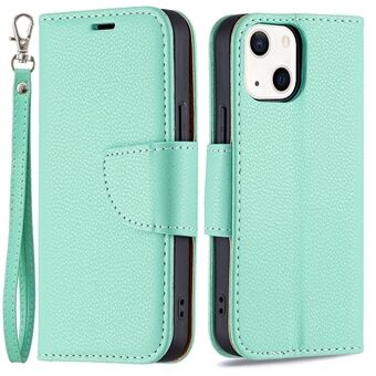 Ensfarget Litchi Texture PU-skinn telefonlommebokdeksel med stropp for iPhone 13 6,1 tommer