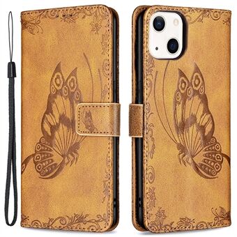 Imprint Butterfly Flower PU Leather Flip beskyttende telefonveske med Stand og stropp for iPhone 13 6,1 tommer