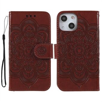 Imprinting Mandala Flower PU Leather Telefonstativ Stand Lommebokveske med stropp for iPhone 13 6,1 tommer