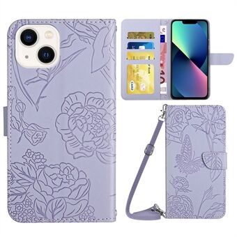 For iPhone 13 6.1 inch Skin-soft Touch PU Leather Folio Wallet Case Imprinted Butterfly Flower Pattern Stand Magnetic Protect Flip Cove with Shoulder Strap