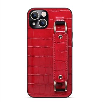 For iPhone 13 6.1 inch Wristband Kickstand Crocodile Texture Phone Case DW PU Leather Coated TPU Back Shell with Card Holder