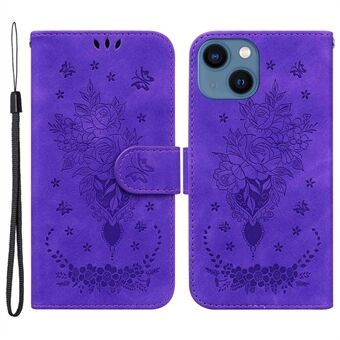 For iPhone 13 6.1 inch Phone Cover Imprinting Roses Butterflies Pattern Shockproof Leather Full Coverage Scratch Resistant Phone Case Wallet Stand