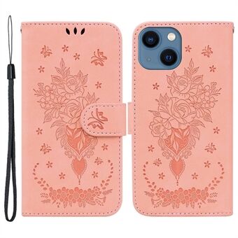 For iPhone 13 6.1 inch Phone Cover Imprinting Roses Butterflies Pattern Shockproof Leather Full Coverage Scratch Resistant Phone Case Wallet Stand