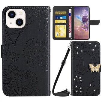 For iPhone 13 6,1 tommer telefon Flip lommebokveske, sommerfuglblomster påtrykt rhinestone dekor PU-skinn beskyttende Stand med skulderstropp