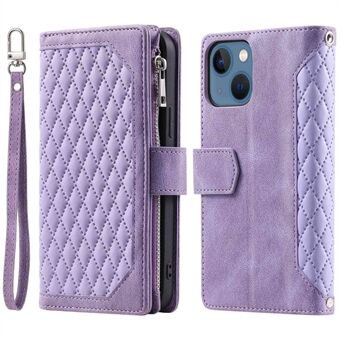 005 Style Wallet Rhombus Texture Case for iPhone 13 6,1 tommer, glidelåslomme PU- Stand telefonstativdeksel med håndleddsstropp