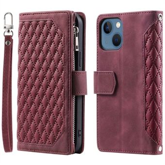 005 Style Wallet Rhombus Texture Case for iPhone 13 6,1 tommer, glidelåslomme PU- Stand telefonstativdeksel med håndleddsstropp