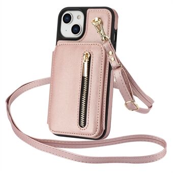 For iPhone 13-etui med glidelåslomme, støttebein og lær+TPU-telefondeksel med 2 stropper.