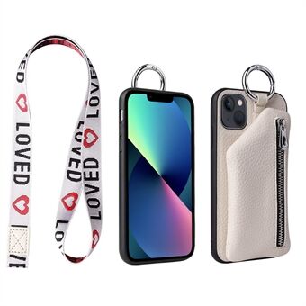 For iPhone 13 6,1 tommer avtakbar lommebok PU-skinnbelagt TPU-telefonveske Glidelåslomme beskyttende deksel med snor