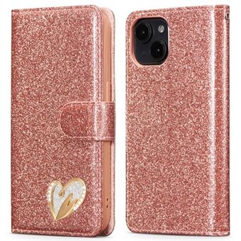 For iPhone 13 Glitrende Lærveske med Diamant Kjærlighetshjerte Lommebok Stativ Flip Deksel