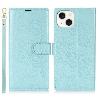 For iPhone 14 / 13 Etui med Håndreim Blomstermønster Lommeboktelefondeksel i Skinn