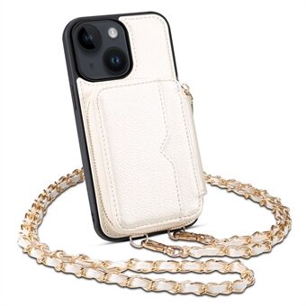 For iPhone 13 6,1 tommers mobiltelefondeksel Kickstand Kortholder Lommebok PU-skinn+TPU-telefonveske med stropp