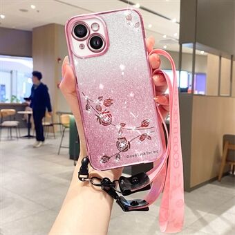 For iPhone 13 6,1 tommer fleksibelt TPU-telefondeksel Blomsterdesign Rhinestone Glitter-bakdeksel med stropp