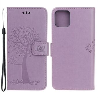 Owl Tree Imprint Stand Design PU-lærveskebeskytter med håndleddsstropp for iPhone 13 Pro 6,1 tommer