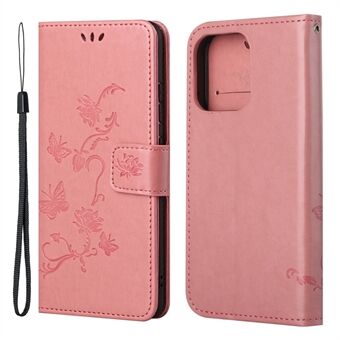 Imprint Butterfly Flower Skinn lommebokstativ Stand Deksel for iPhone 13 Pro