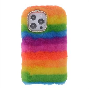 Rainbow Furry Fluffy Phone Deksel Mykt TPU-bakdeksel med Bling Rhinestone for iPhone 13 Pro 6,1 tommer