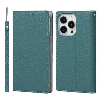 Litchi Texture ekte skinndeksel Stand Flip-telefonveske med stropp for iPhone 13 Pro 6,1 tommer