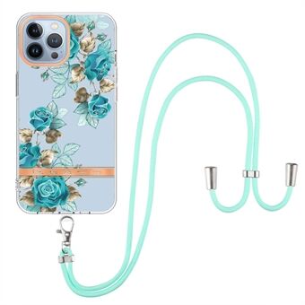 For iPhone 13 Pro 6,1 tommer YB IMD-9-serien Blomstermønster IMD galvaniseringsbeskytter Myk TPU Fasjonabelt telefondeksel med snor