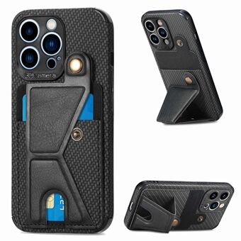 K-shape Kickstand Leather Coated TPU Case for iPhone 13 Pro 6.1 inch, Carbon Fiber Texture Phone Cover with Card Holder and Built-in Metal Sheet