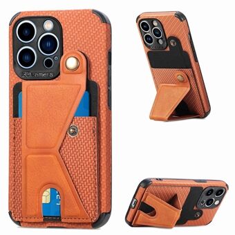 K-shape Kickstand Leather Coated TPU Case for iPhone 13 Pro 6.1 inch, Carbon Fiber Texture Phone Cover with Card Holder and Built-in Metal Sheet