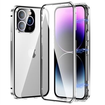 For iPhone 13 Pro 6,1 tommer sikkerhetsspenne telefonveske med rett Edge Metallramme + dobbeltsider gjennomsiktig herdet glass magnetisk adsorpsjonsdeksel