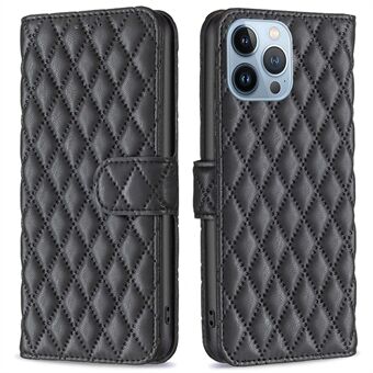 BINFEN FARGE Matt telefondeksel for iPhone 13 Pro 6,1 tommer BF Style-14 Full Dekning PU-skinn Flip Wallet- Stand med påtrykt Rhombus