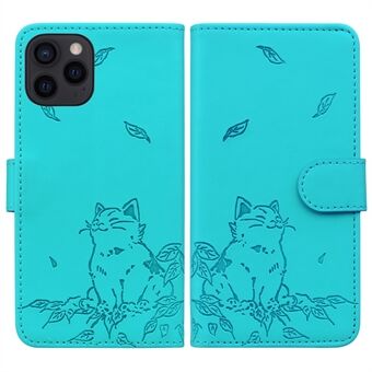 For iPhone 13 Pro Etui Lommebok Kattedesign Pregede Lær Telefondeksel