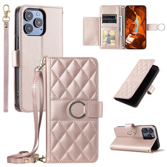 For iPhone 13 Pro Crossbody Lærveske Ring Spenne Lommebok Stativ Rombe Mobildeksel